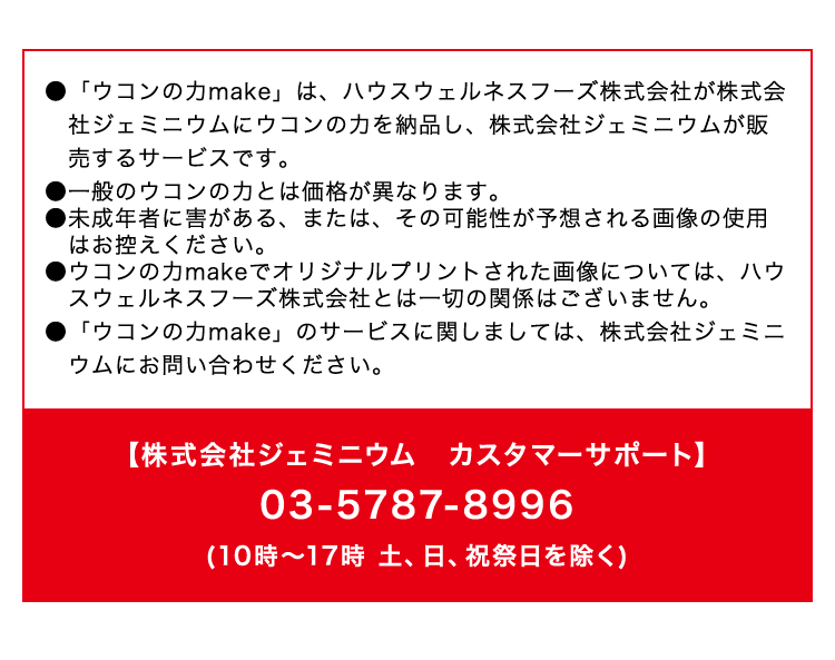 ●「ウコンの力make」は、ハウスウェルネスフーズ株式会社が株式会社ジェミニウムにウコンの力を納品し、株式会社ジェミニウムが販売するサービスです。 ●一般のウコンの力とは価格が異なります。 ●未成年者に害がある、または、その可能性が予想される画像の使用はお控えください。 ●ウコンの力makeでオリジナルプリントされた画像については、ハウスウェルネスフーズ株式会社とは一切の関係はございません。 ●「ウコンの力make」のサービスに関しましては、株式会社ジェミニウムにお問い合わせください。 【株式会社ジェミニウム　カスタマーサポート】 03-5787-8996(10時〜17時 土、日、祝祭日を除く)